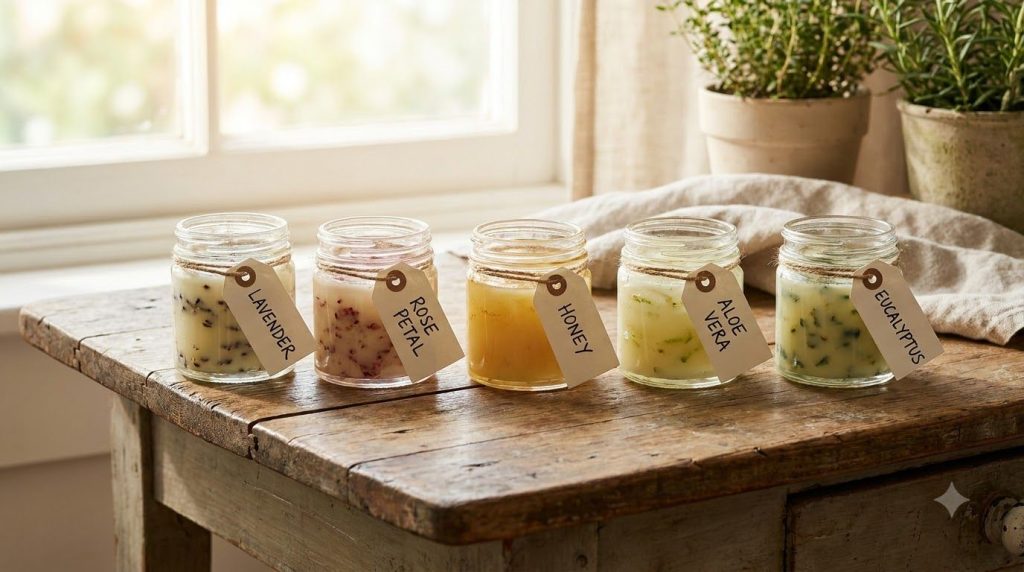 Five small jars of Vaseline each with a different natural ingredient arranged neatly on a wooden table with soft lightin