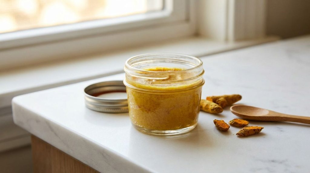 A small jar of Vaseline mixed with turmeric powder with a golden hue placed on a light surface with a soft glow