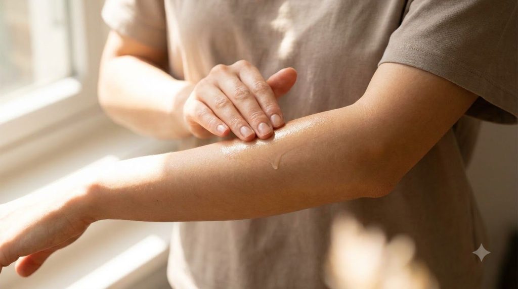 A person applying scented body oil to their arm or décolletage showing glowing skin