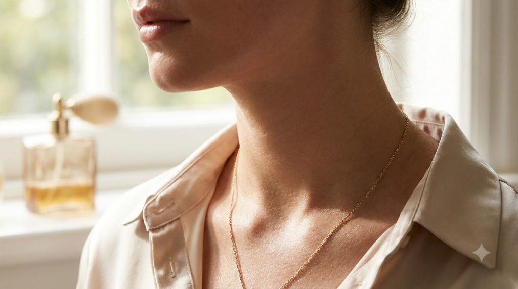 A close-up of a person s neck and décolletage showcasing smooth hydrated and subtly glowing skin implying a pleasant lin