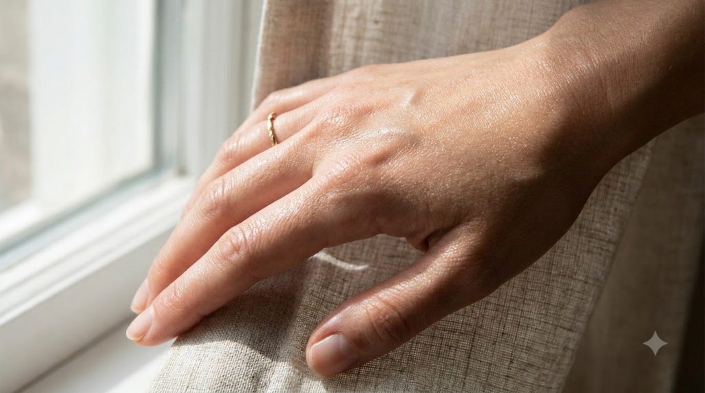 A close-up of a woman s hand with visibly smooth hydrated and glowing skin after applying a cream The light catches the 