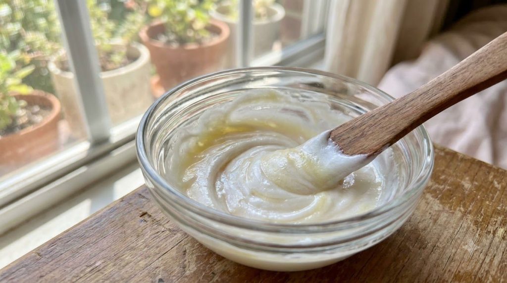 A close-up of a small elegant glass bowl containing a creamy mixture of NIVEA and Vaseline with a small spatula blending
