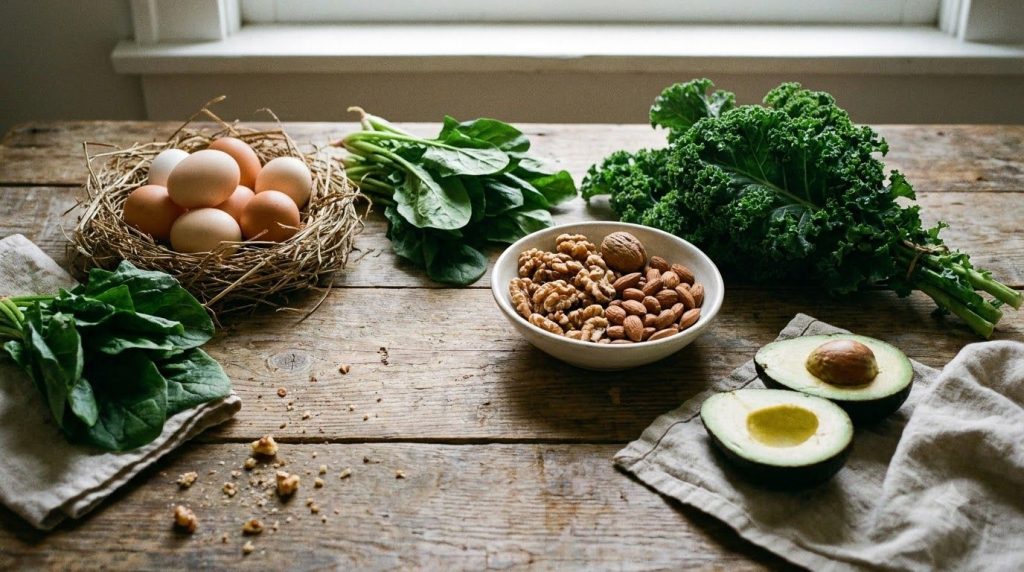 Various whole foods known for hair health such as eggs leafy greens nuts and avocados arranged attractively on a wooden 