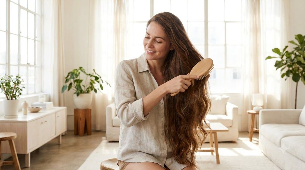A woman gently brushing her long healthy shiny hair emphasizing the desired outcome of the dietary changes