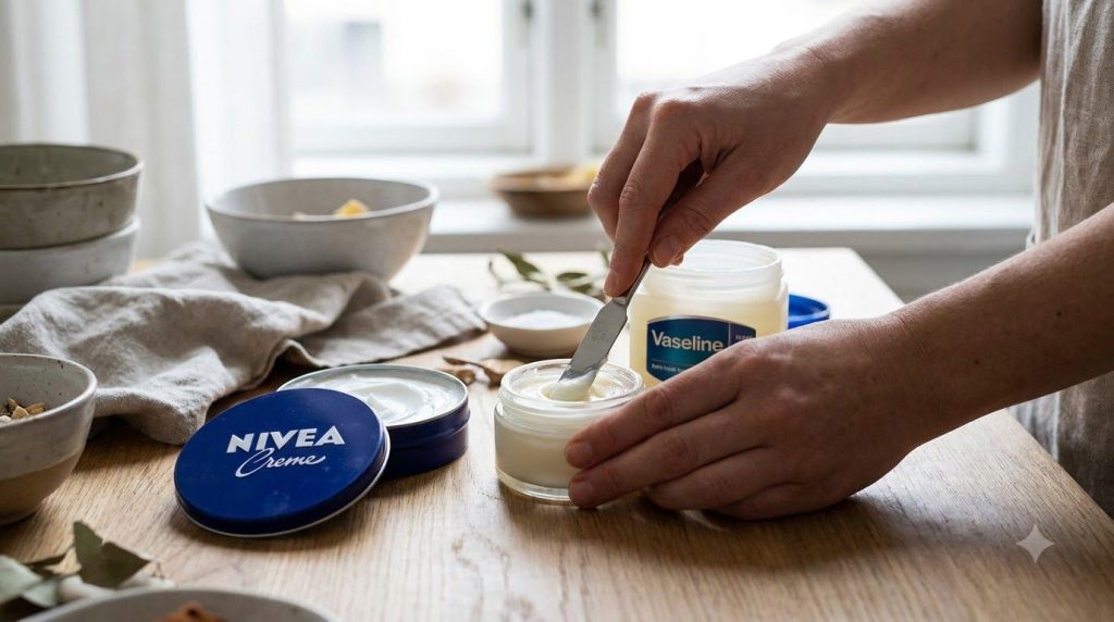 Hands mixing NIVEA Creme and Vaseline in a small glass jar with a spatula to create a smooth creamy balm