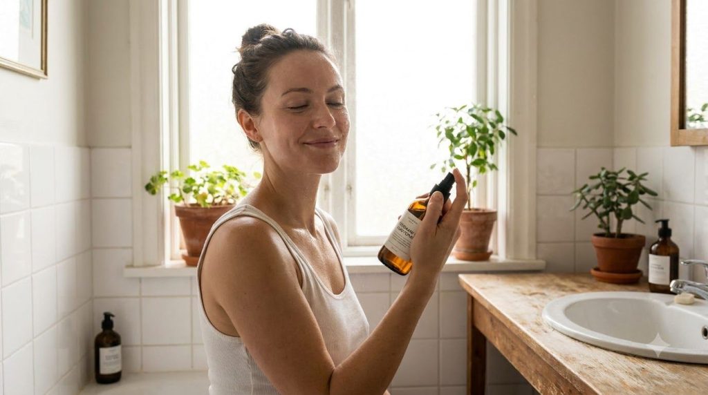 A woman gently misting her face with a spray bottle containing a homemade toner demonstrating the application with soft 