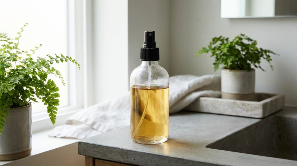 A clear glass spray bottle filled with light amber liquid clove toner placed on a minimalist bathroom counter next to a 
