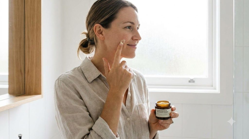 A woman gently applying a small amount of a homemade balm to her cheek demonstrating gentle application for skincare