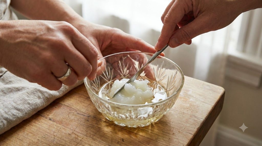A person s hands gently mixing Vaseline with a natural oil in a small glass bowl with a clean spatula demonstrating the 