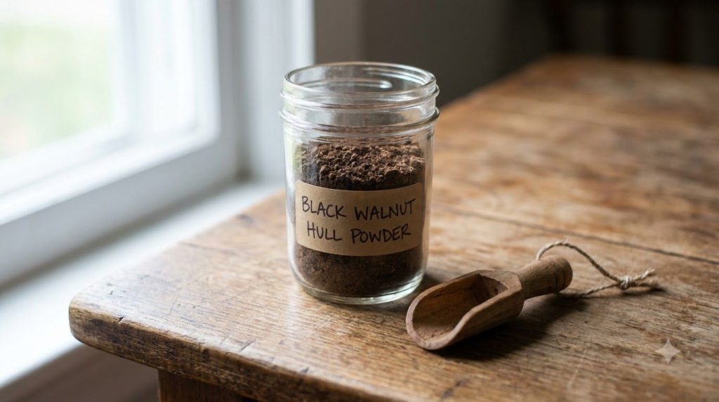 A small labeled glass jar of black walnut hull powder and a rustic wooden scoop