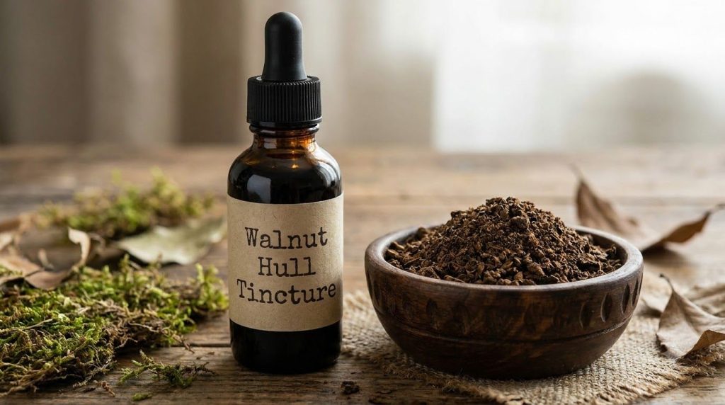 A dark glass dropper bottle filled with walnut hull tincture next to a small pile of dried walnut hull powder
