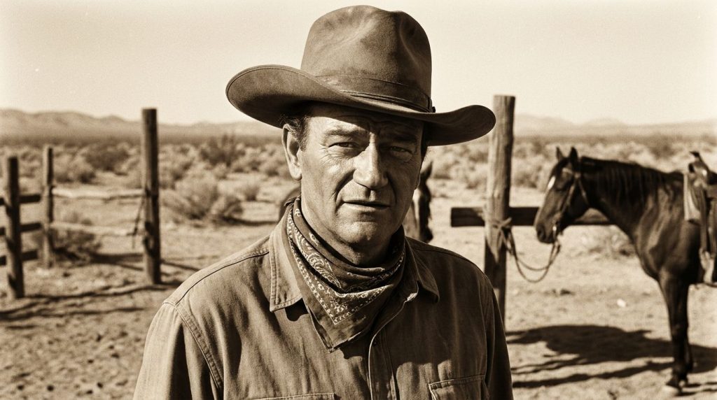 A real publicity photo of John Wayne in classic cowboy attire perhaps from a movie like Stagecoach or True Grit
