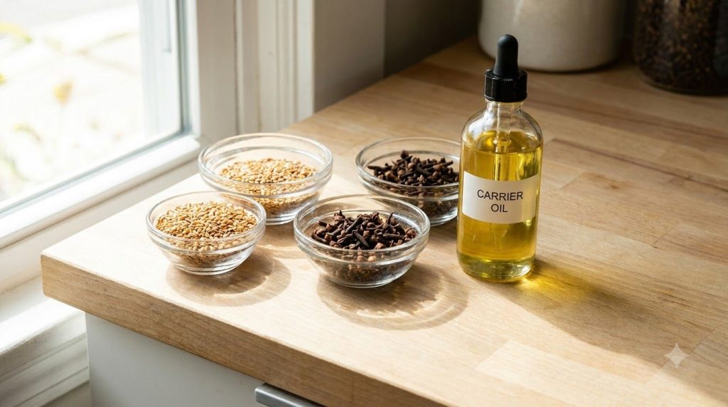 Various bowls of ingredients for the night oil flax seeds whole cloves and a bottle of carrier oil on a clean counter