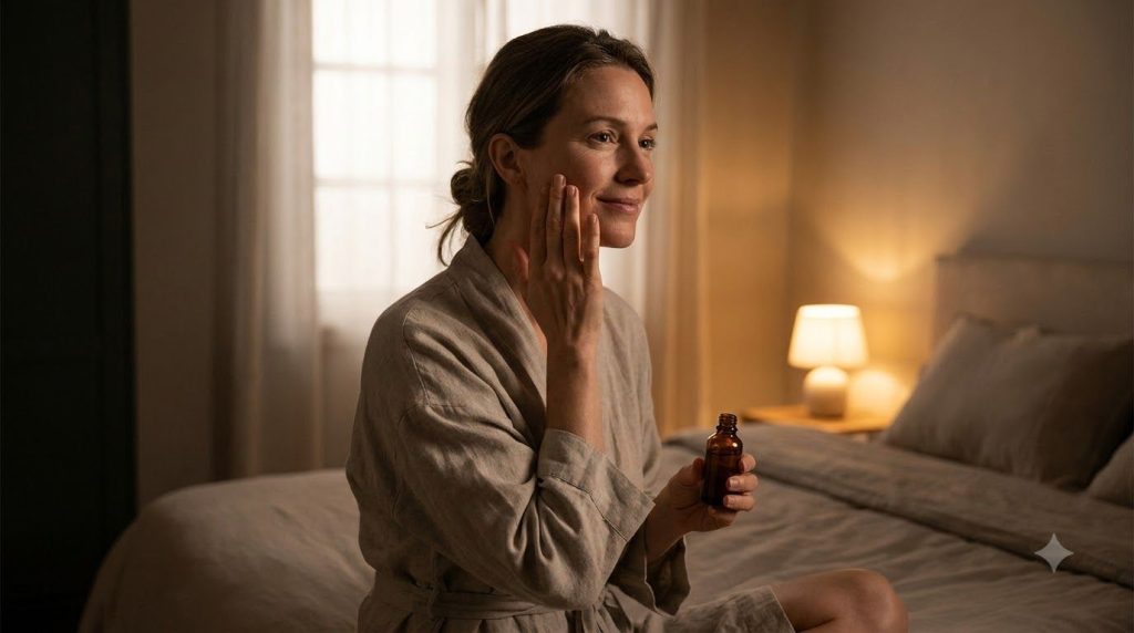 A woman gently massaging a few drops of the homemade night oil onto her clean face before bed showing a serene and relax