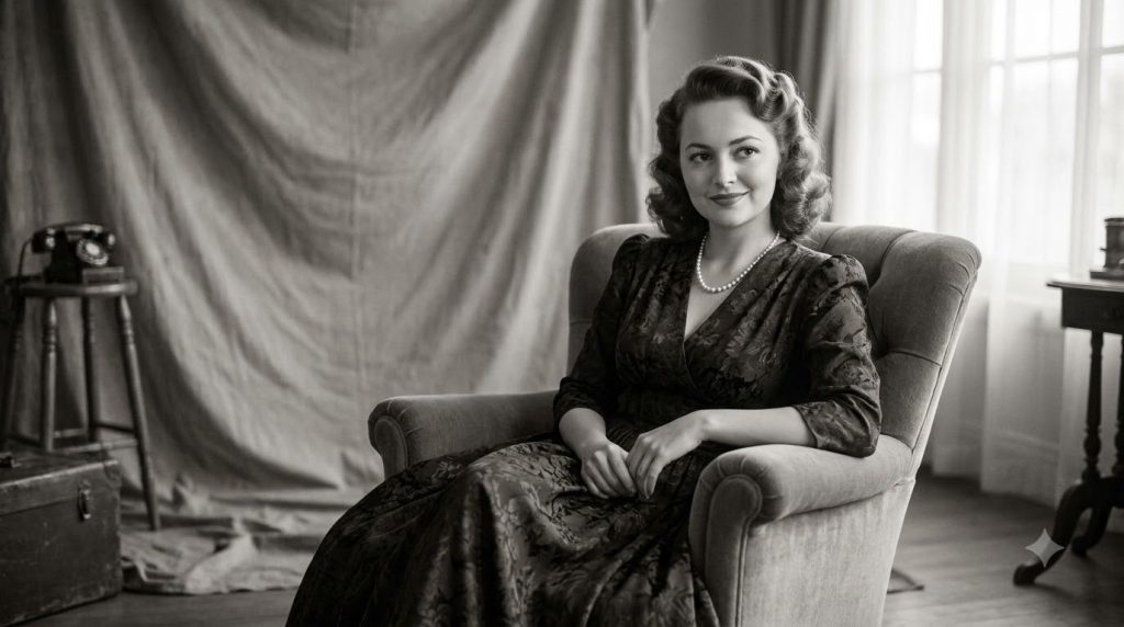 A real archival publicity photo of a young Olivia de Havilland from the Golden Age of Hollywood looking elegant and sere