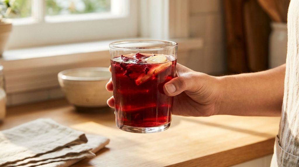 A person s hand holding a glass of the red hibiscus ginger drink with a soft focus on the drink itself suggesting health