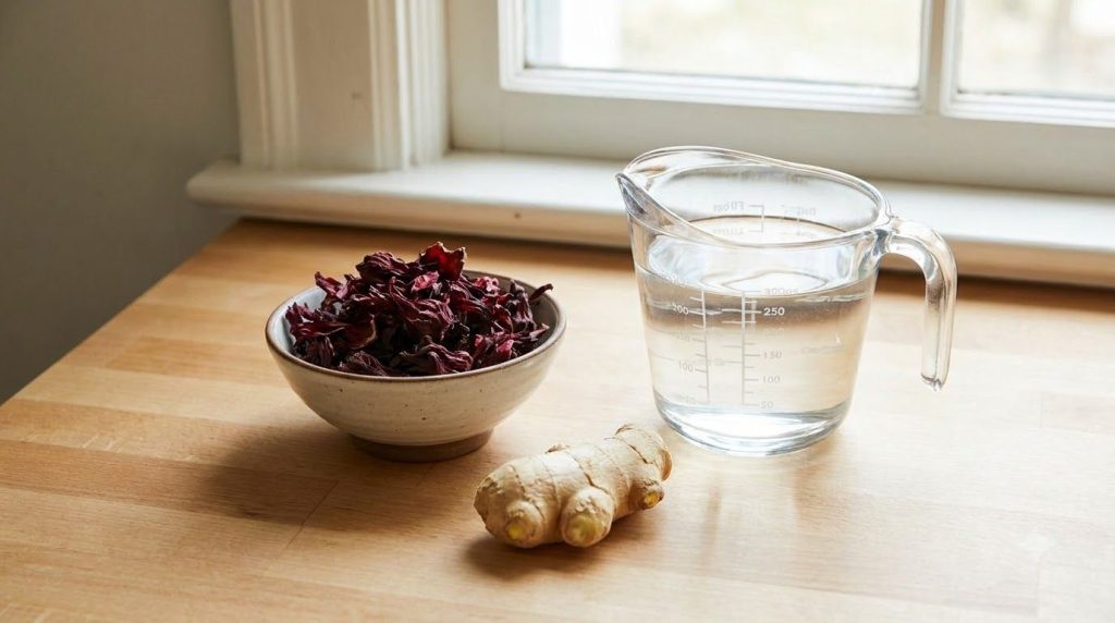 Ingredients for the hair growth drink laid out dried hibiscus flowers in a bowl a piece of fresh ginger and a glass of w