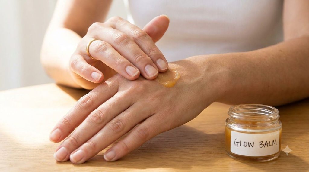 A woman gently massaging a small amount of the glow balm onto the back of her hand showing the smooth application