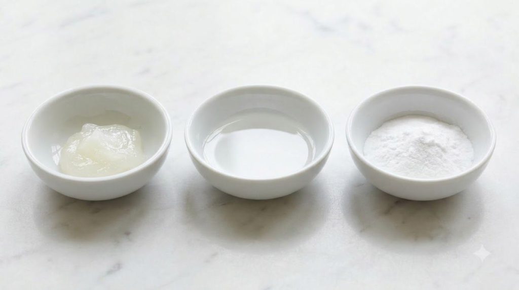 Three small bowls containing Vaseline baby oil and baking soda neatly arranged on a clean surface ready for mixing