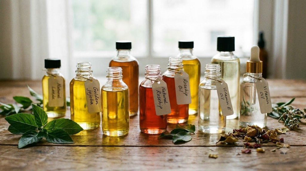 A variety of natural oils in small glass bottles including jojoba oil rosehip oil and vitamin E oil arranged neatly on a