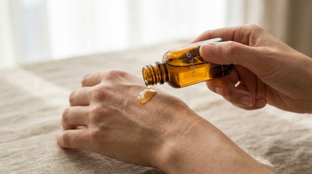 Close up of a dropper bottle filled with golden oil with a hand gently pressing drops onto the back of another hand for