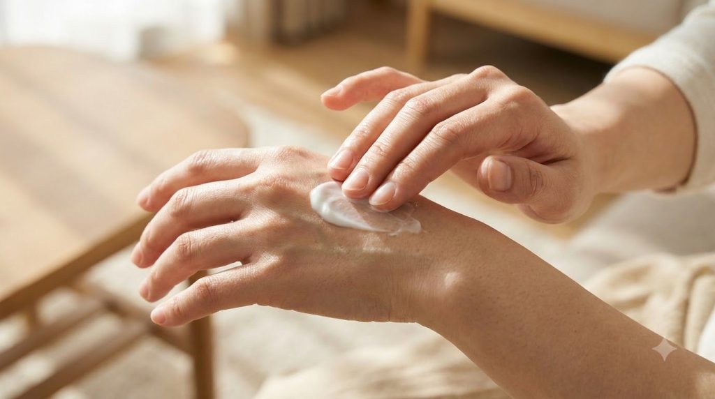 A person applying a Vaseline mix to their hand showing the smooth texture and easy application with a focus on moisturiz