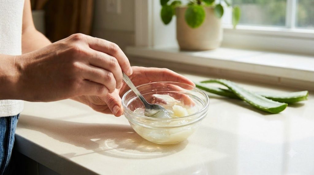 A person mixing Vaseline and aloe vera gel in a small bowl with a spoon demonstrating the preparation step for the hydra