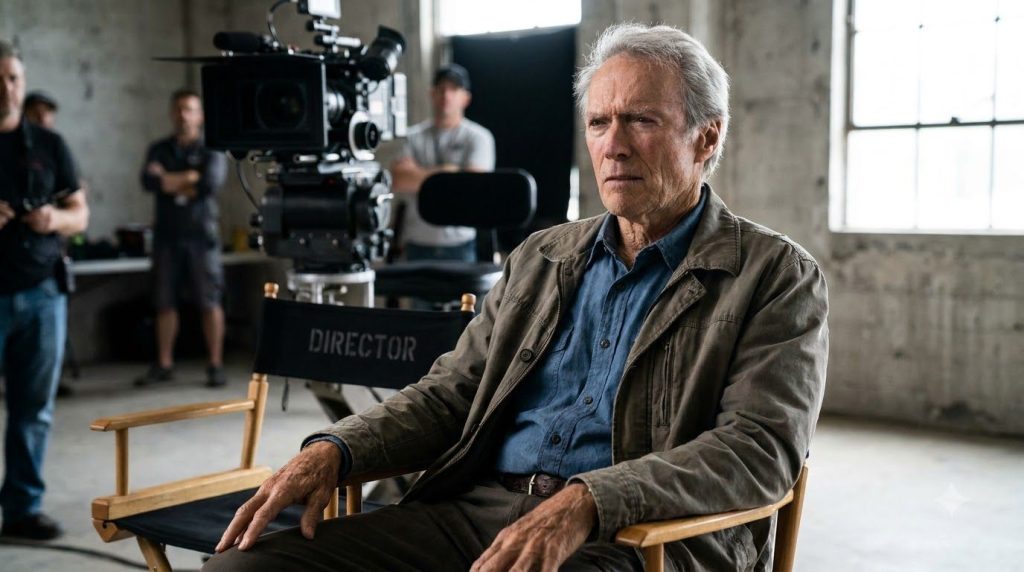 Clint Eastwood older and distinguished seated in a director s chair perhaps on a film set looking contemplative