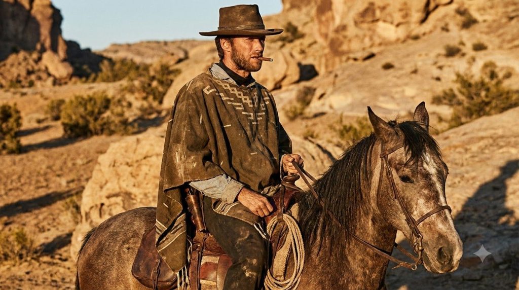 Clint Eastwood as the Man with No Name in a wide-brimmed hat poncho and cigar riding a horse through a dusty landscape