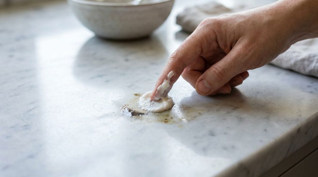 A close-up of a person s hand applying a white poultice paste to an oil stain on a light-colored marble countertop