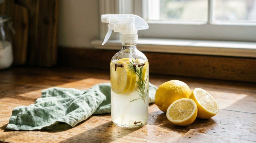A clear spray bottle filled with a homemade all-purpose cleaning solution made from white vinegar water and lemon placed