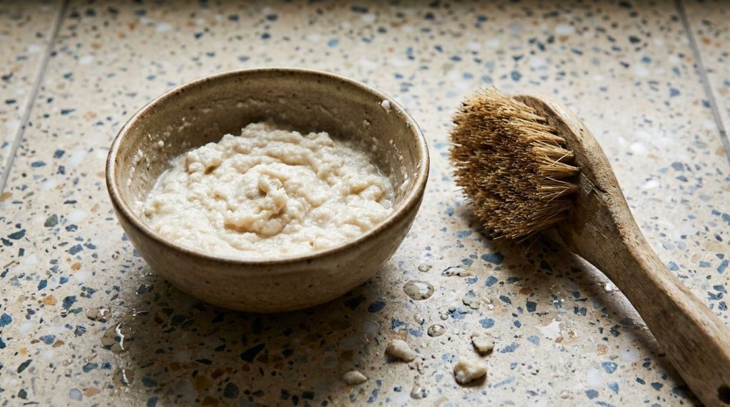 A small bowl filled with a homemade baking soda and Castile soap cleaning paste next to a scrubbing brush and a dirty ti