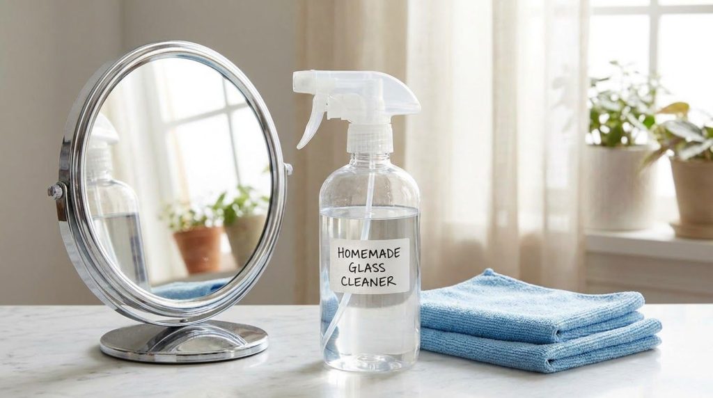 A spray bottle labeled Glass Cleaner filled with a clear liquid next to a mirror with a pristine reflection and two clea