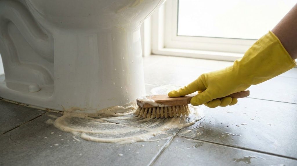 A gloved hand scrubbing the base of a toilet with a small brush showing the foaming action of the cleaning paste on the 
