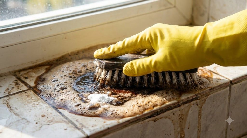A person scrubbing a surface where cola and baking soda have reacted with visible foam and bubbles
