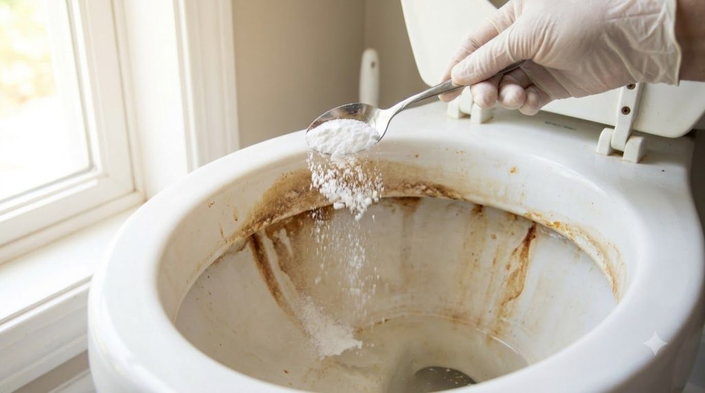 A hand sprinkling white baking soda over a stained toilet bowl preparing for the cleaning process
