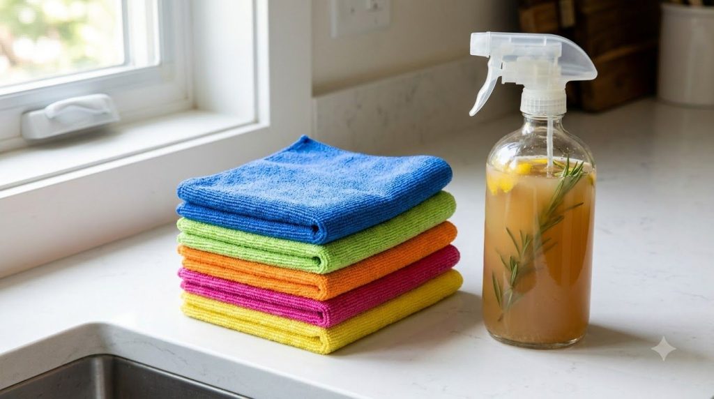 A variety of colorful microfiber cloths neatly folded and stacked on a clean surface alongside a homemade all-purpose cl