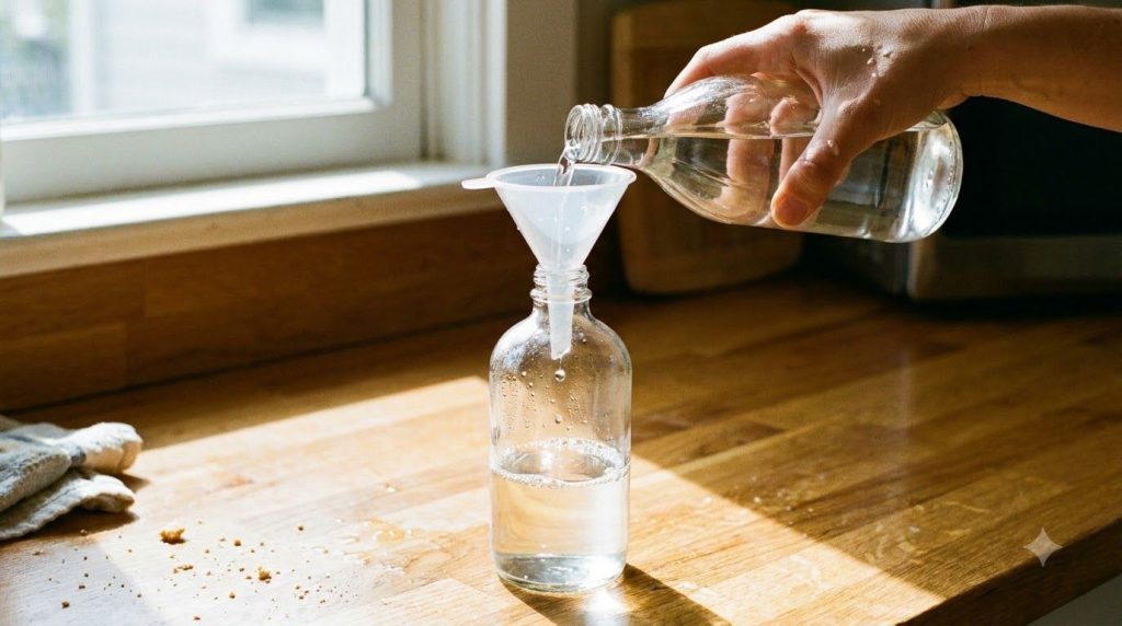 A close-up of a hand pouring white vinegar into a spray bottle that already contains water using a funnel The scene is b