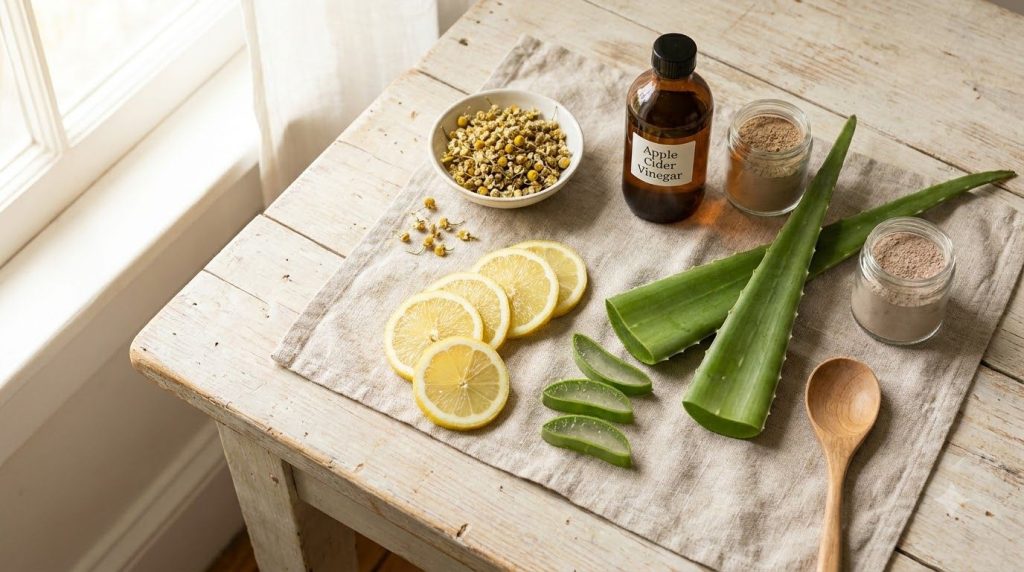 A collection of natural ingredients for DIY beauty including lemons aloe vera leaves and a bottle of apple cider vinegar