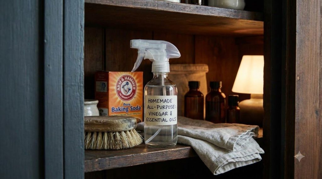 A small clearly labeled spray bottle of homemade cleaner stored neatly in a cool dark cabinet alongside other natural cl