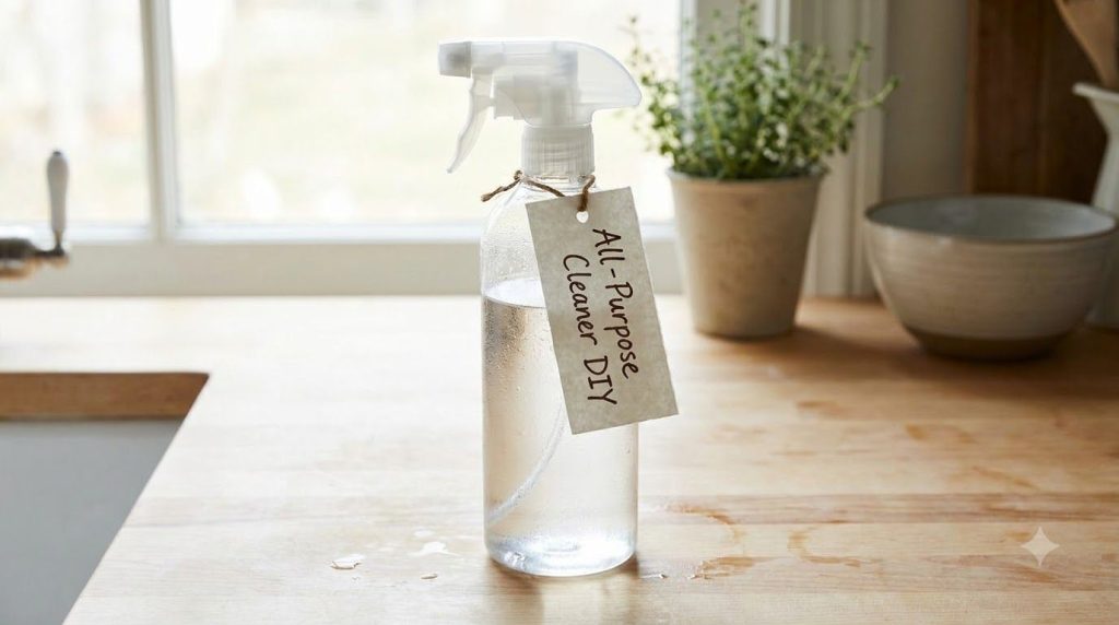 A clear spray bottle filled with a light clear homemade cleaning solution with a label indicating All-Purpose Cleaner DI