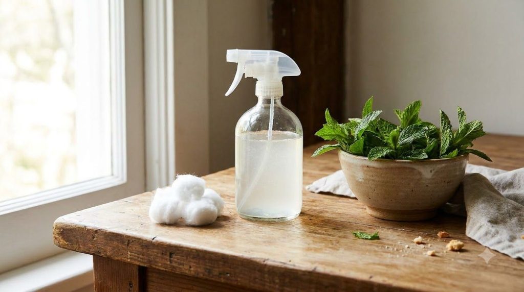 A glass spray bottle filled with a clear liquid and a few cotton balls soaked in essential oil arranged on a kitchen cou
