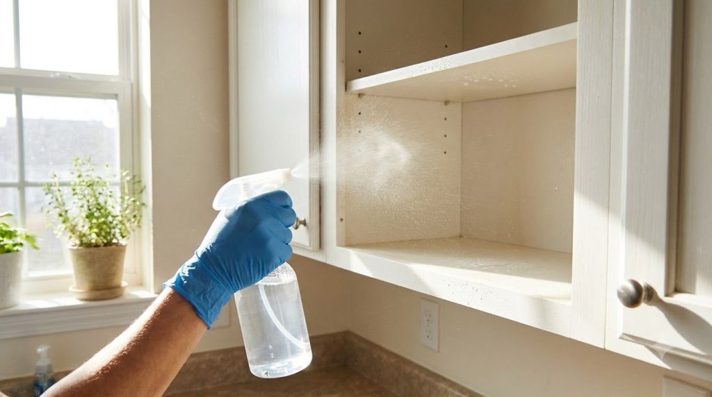 A person spraying a DIY natural mouse repellent solution into a kitchen cabinet using a spray bottle The cabinet is open