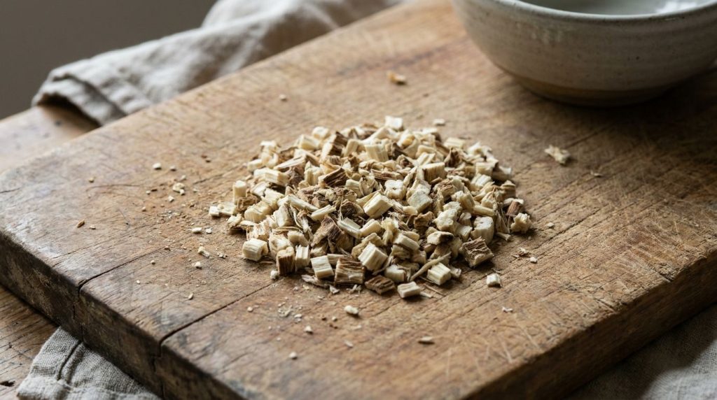 Cleaned chopped pieces of mullein root ready for decoction on a wooden cutting board