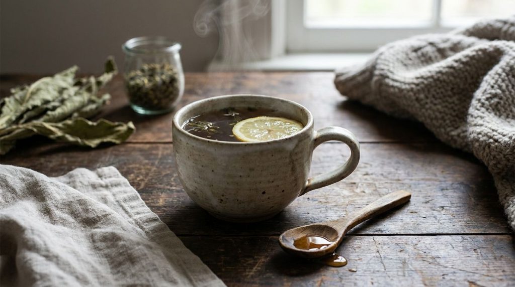 A warm mug of mullein root decoction garnished with a slice of lemon and a spoonful of honey on the side