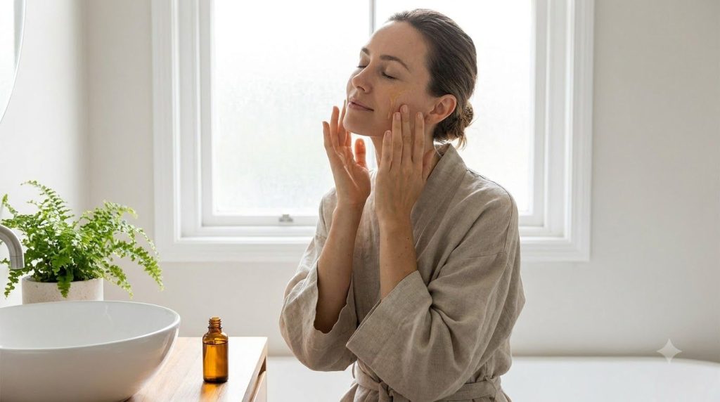 A woman gently massaging DIY Botox Drops into her face and neck after cleansing demonstrating the How to Use It step