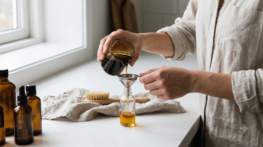 Hands mixing oils in a small dropper bottle demonstrating the How to Make It step