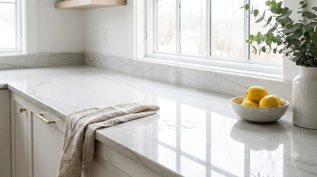 A spotless kitchen counter after being cleaned reflecting light