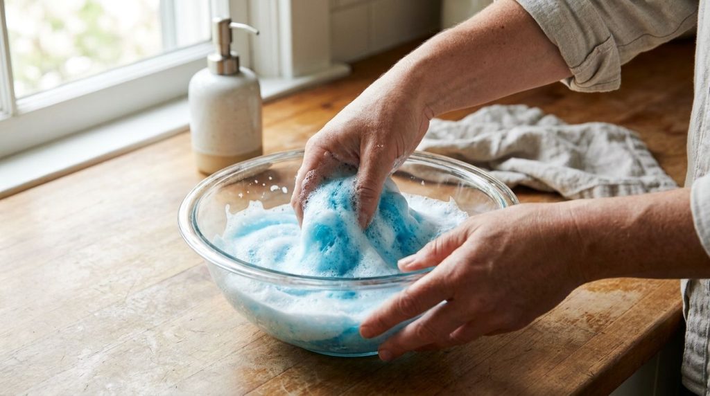 A person s hands mixing the blue and white foamy cleaner in a glass bowl
