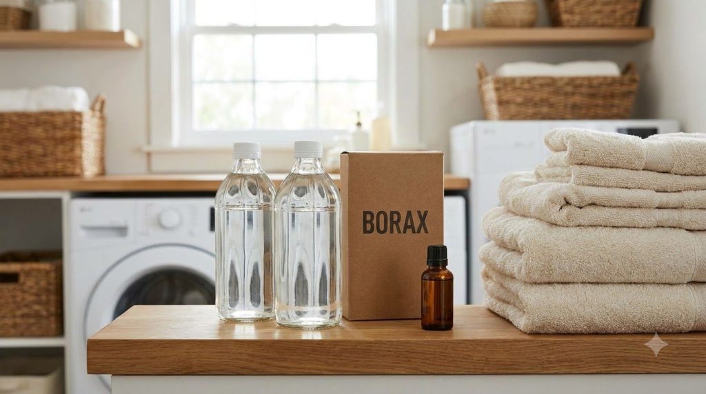 Bottles of white vinegar and a box of borax or baking soda with a few drops of essential oil next to a pile of fresh cle